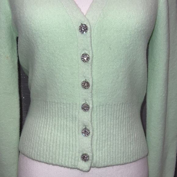 Zara Light Green Rhinestone Jewel Button Down Cardigan Sweater - Picture 9 of 10